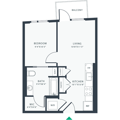Floor plan for 1 bed, 1 bath, 541 sqft
